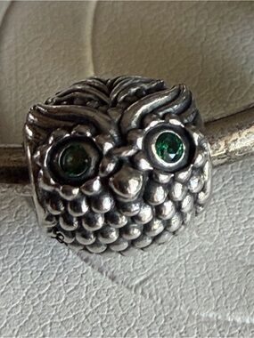 Authentic Pandora Owl Charm with Green Eyes Silver